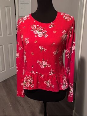 Women’s Red Floral Long-Sleeve Peplum Top